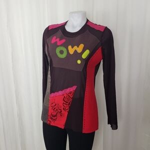 Aldo Martins mixed media patchwork WOW sheer mesh top size 12
